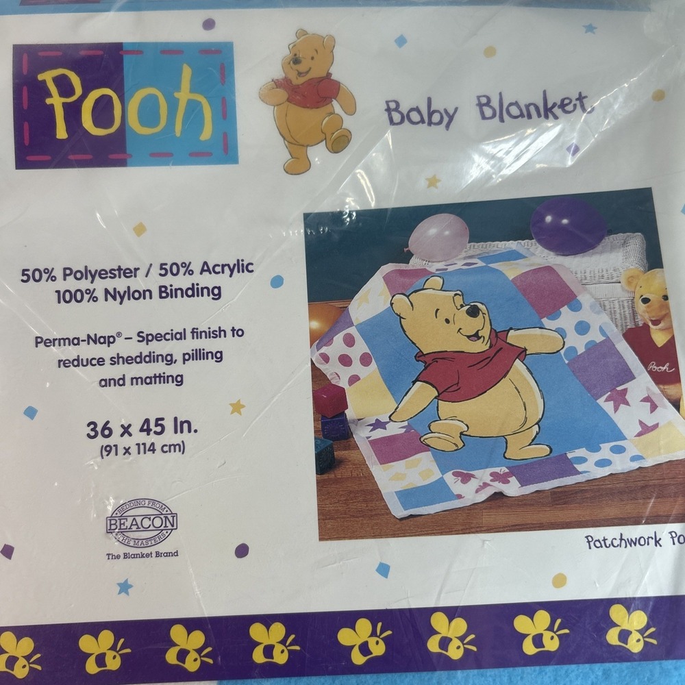 Vintage 36x45" 90s Beacon Winnie the Pooh Baby Blanket Patchwork Acrylic NOS
